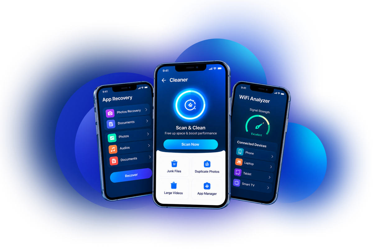 App Recovery, Cleaner and WiFi Analyzer app screens